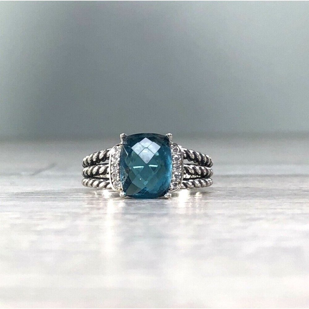 David Yurman 925 Silver Wheaton Hampton Topaz w/Diamond Ring Sz 5.5